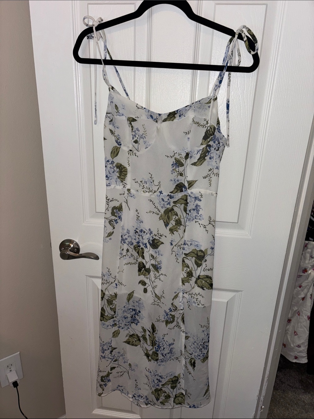 Floral Slip Dress with Tie Straps - White & Blue